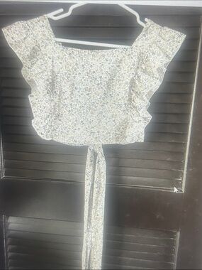 Smocked Floral Tie-Front Crop Top - Blue on Cream